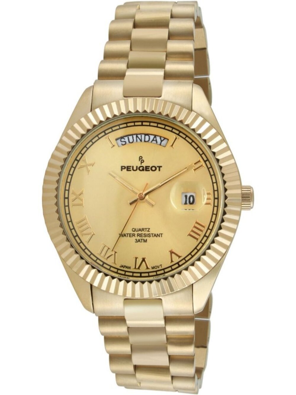 Men's Big Face Day Date Roman Numeral Steel Watch with Fluted Bezel - Stylish